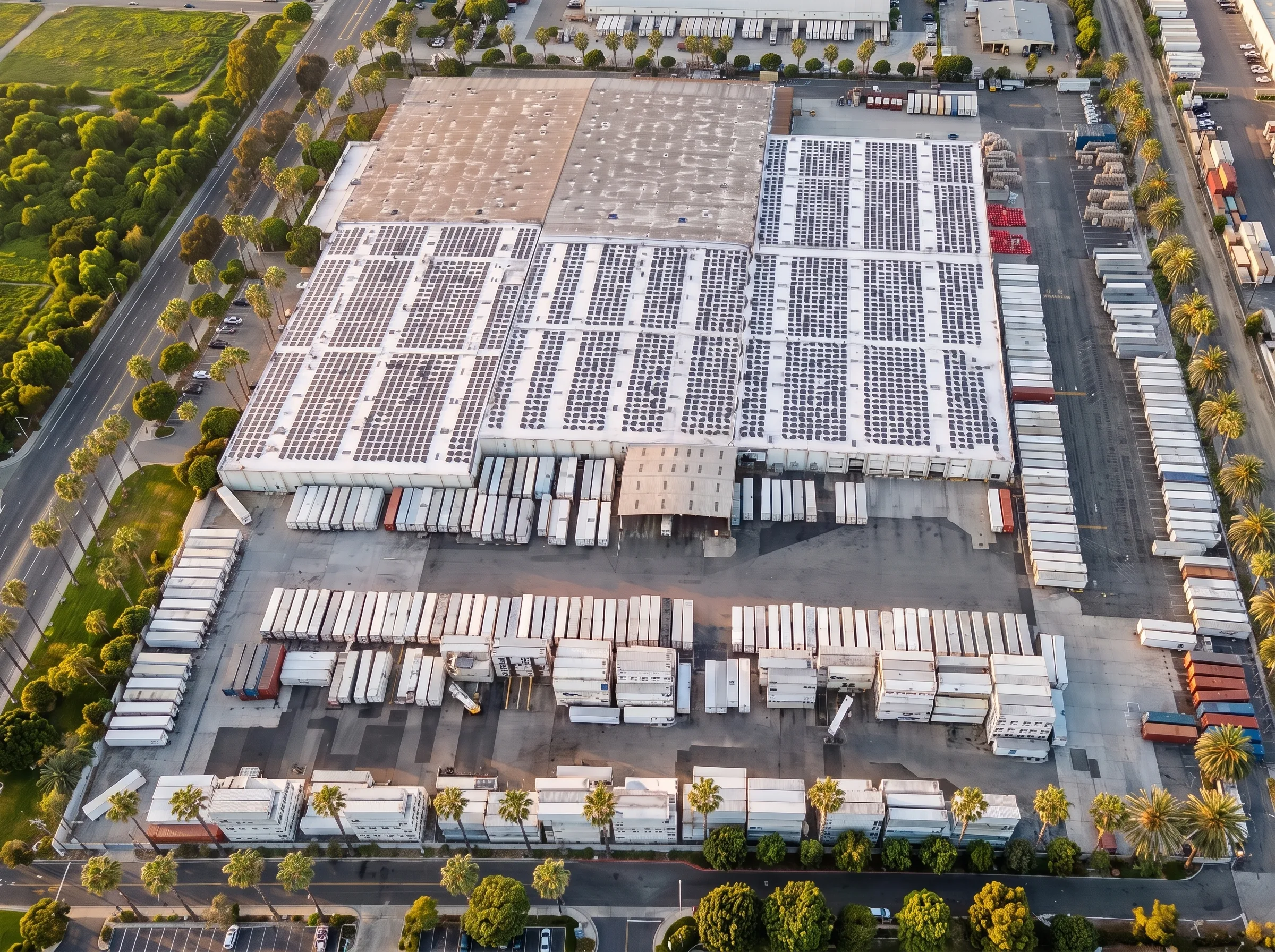 Aerial view of an industrial cold storage facility with a large rooftop solar array
