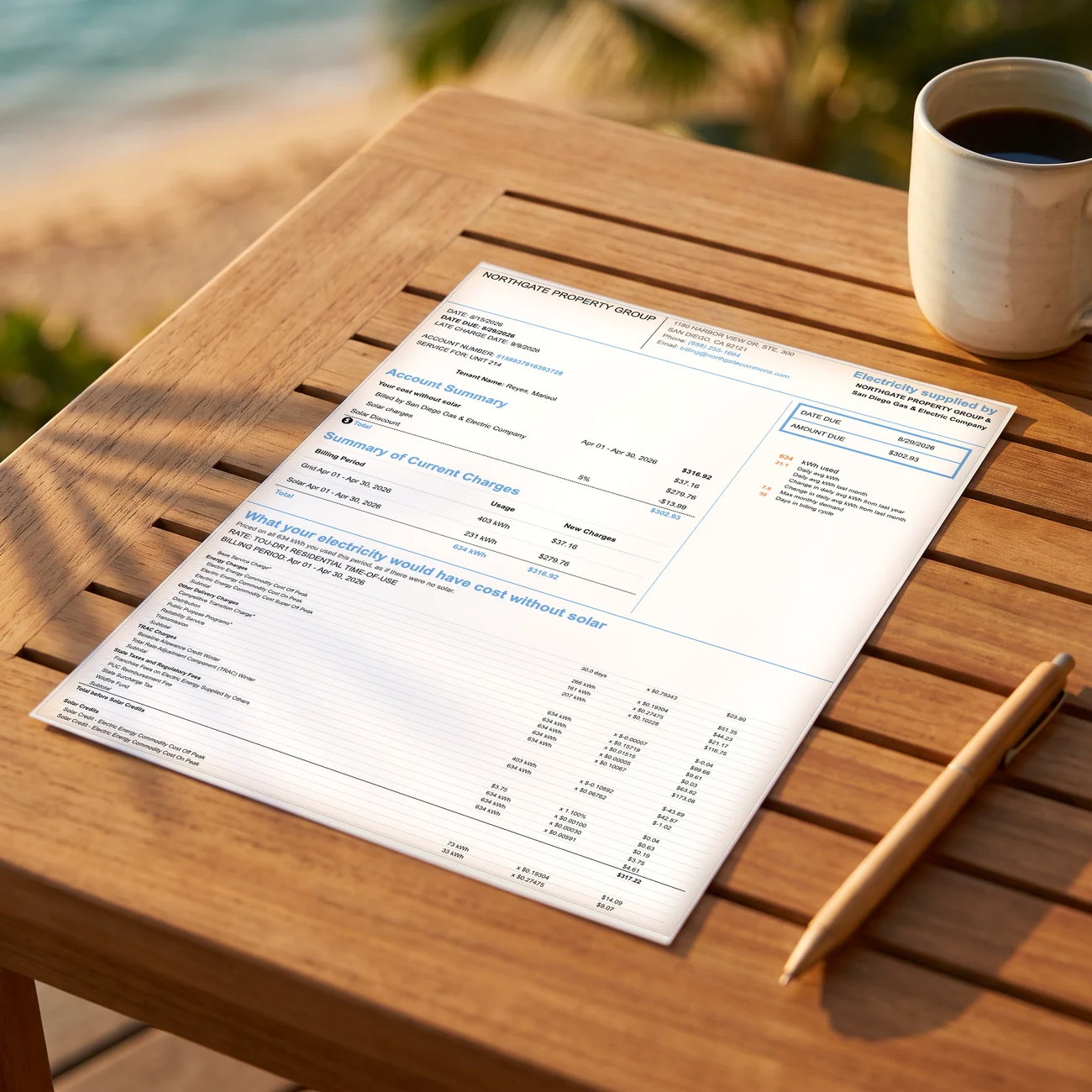 A printed tenant bill showing the cost without solar, the utility charge and the amount due