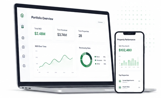 Energy311 portfolio dashboard on a laptop and property performance on a mobile phone