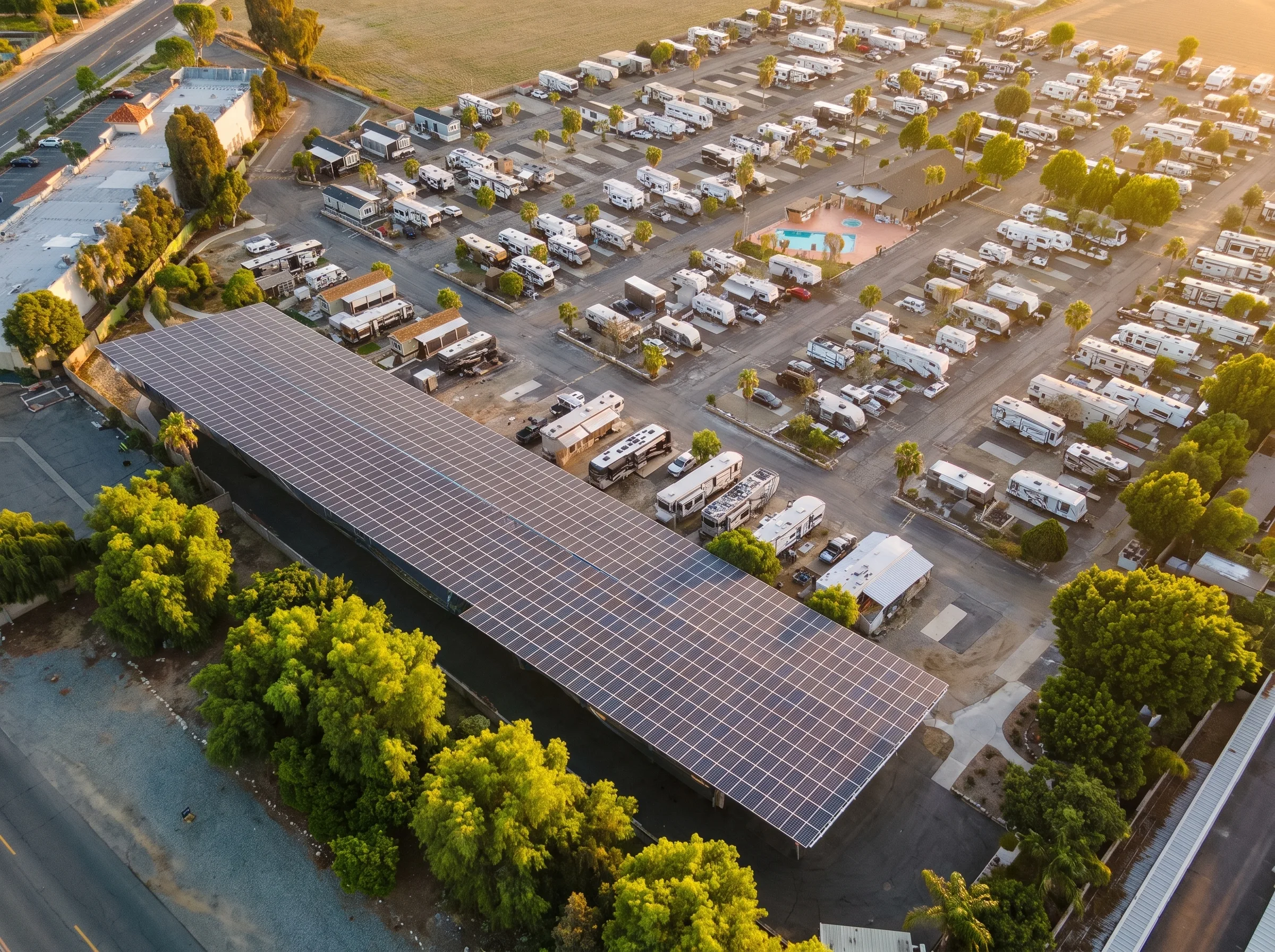 Aerial view of an RV resort community with rooftop solar panels